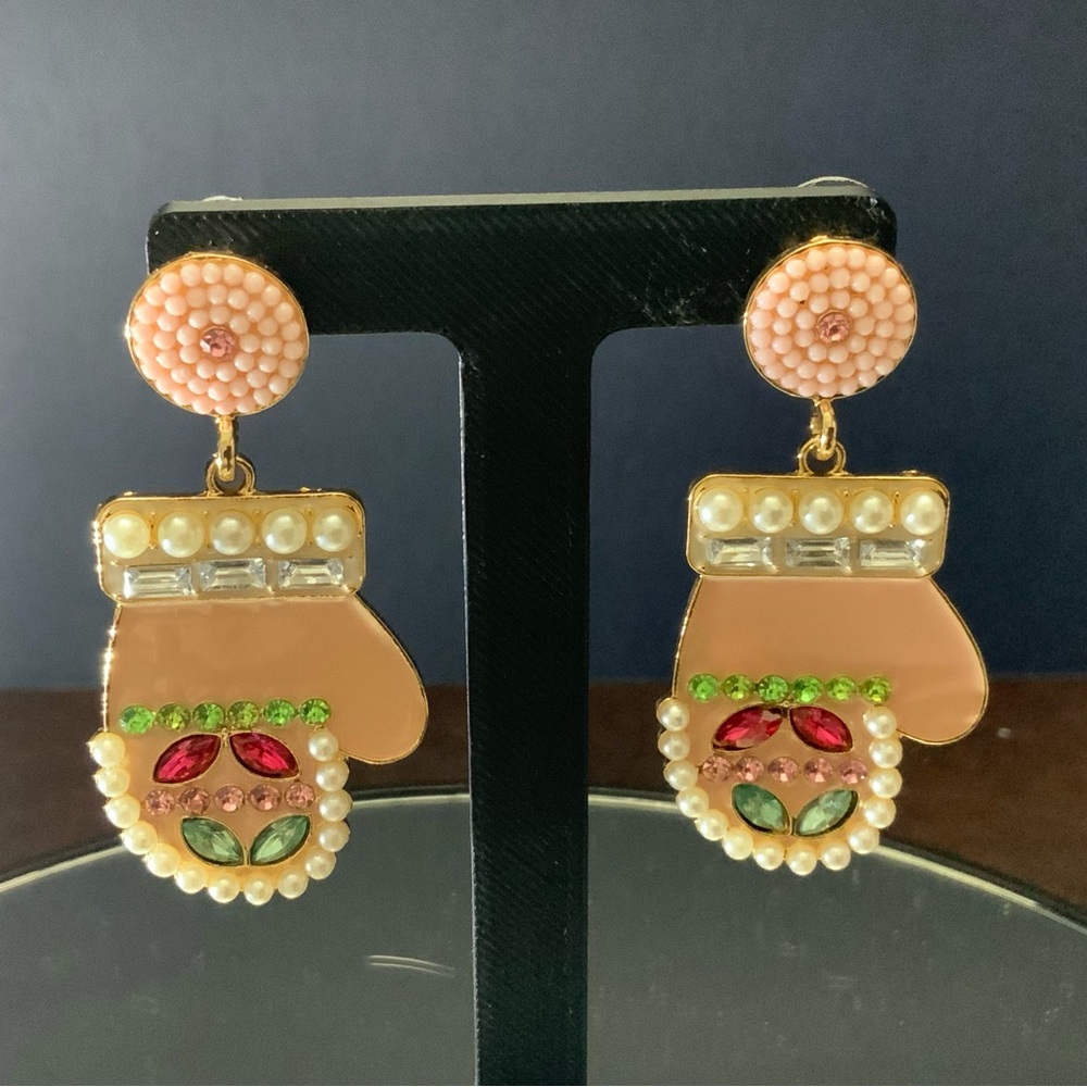 Enamel, Rhinestone, and Pearl  Mittens Post Earrings